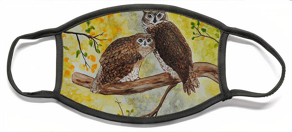 Wildlife Face Mask featuring the painting Twin Owls by Vallee Johnson