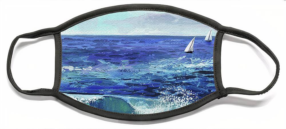 Boat Face Mask featuring the painting Two Boats In The Ocean Sea Waves Breeze by Irina Sztukowski