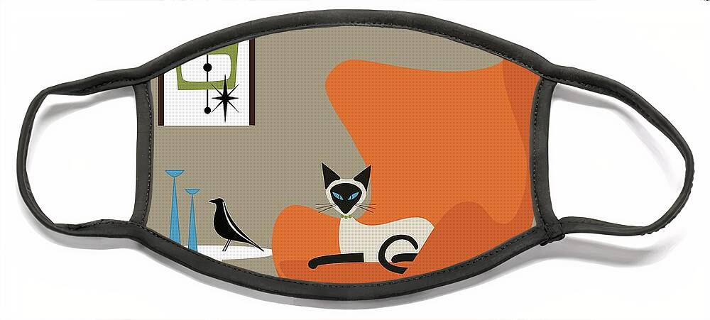 Mid Century Cat Face Mask featuring the digital art Two Siamese in Mid Century Orange Chair by Donna Mibus