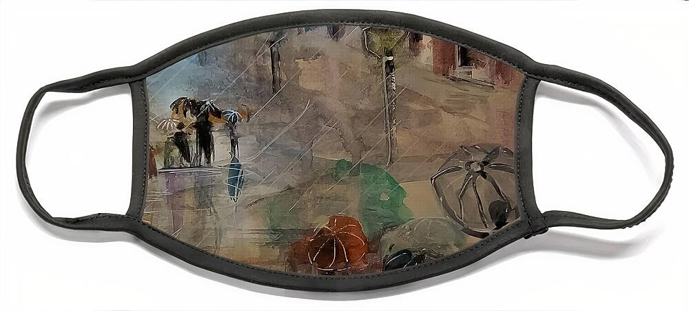 Umbrella Face Mask featuring the painting Uphill In The Rain by Lisa Kaiser