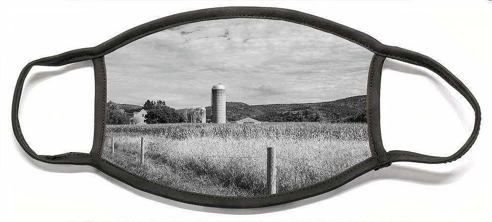 Autumn Face Mask featuring the digital art Upstate New York Farm Country - Black and White by Angie Tirado