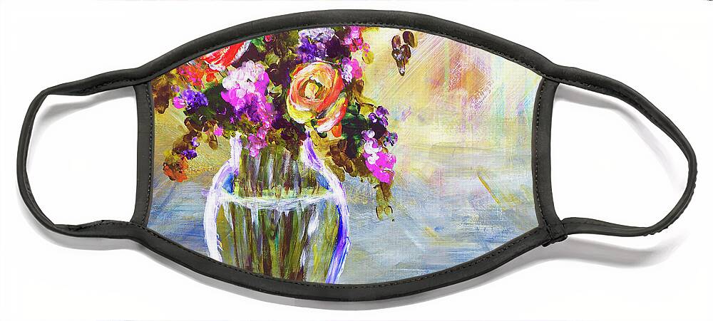  Farmhouse Face Mask featuring the painting Vase of Roses by Joanne Herrmann