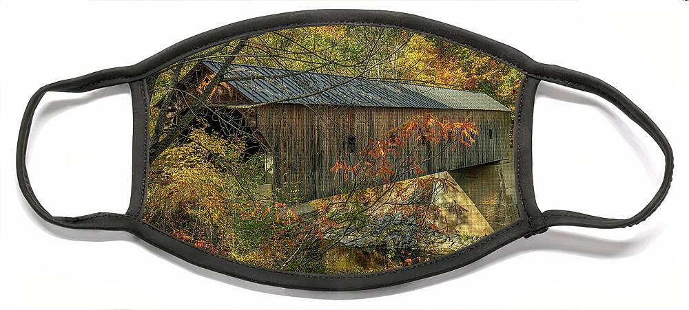 Bridge Face Mask featuring the photograph Vermont Autumn at Upper Falls Covered Bridge 1 by Ron Long Ltd Photography