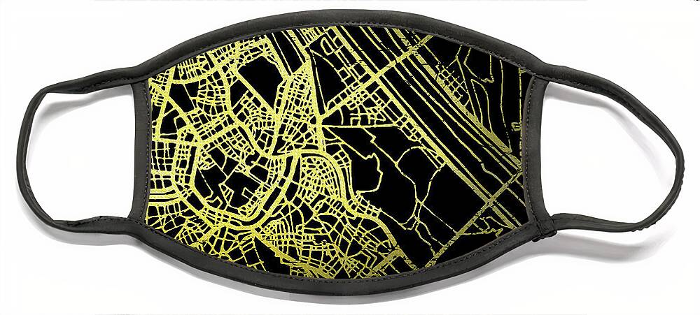 Map Face Mask featuring the digital art Vienna Map in Gold and Black by Sambel Pedes