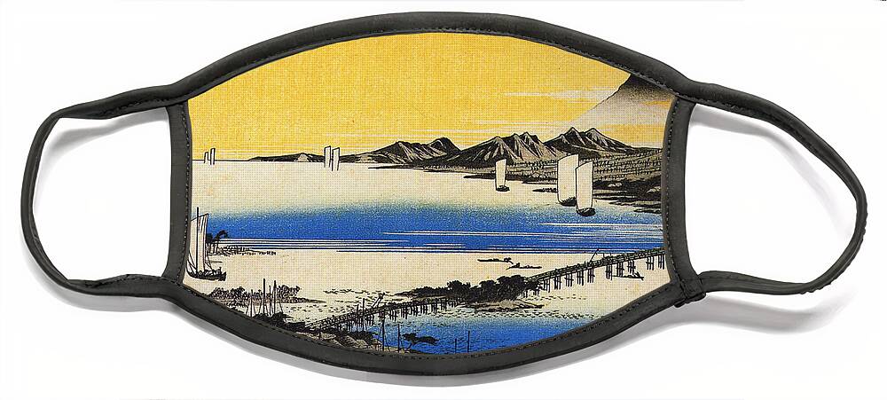 View Of A Long Bridge Across A Lake Face Mask featuring the painting View of a long bridge across a lake, from Eight Views of Omi ,Hiroshige by Artistic Rifki