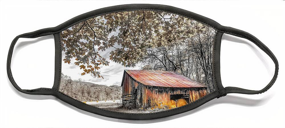 Barns Face Mask featuring the photograph Vintage Barn Black and White and Rusty Red Creeper Trail Damascu by Debra and Dave Vanderlaan