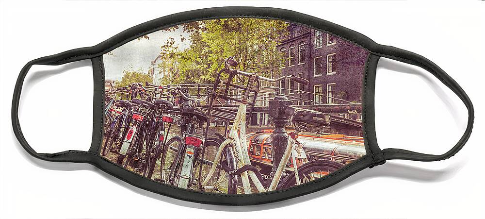 Boats Face Mask featuring the photograph Vintage Bicycles of Every Color in Amsterdam by Debra and Dave Vanderlaan