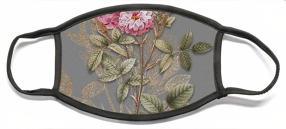 Vintage Face Mask featuring the painting Vintage Botanical Mossy Pompon Rose on Circle Gray on Gray by Holy Rock Design