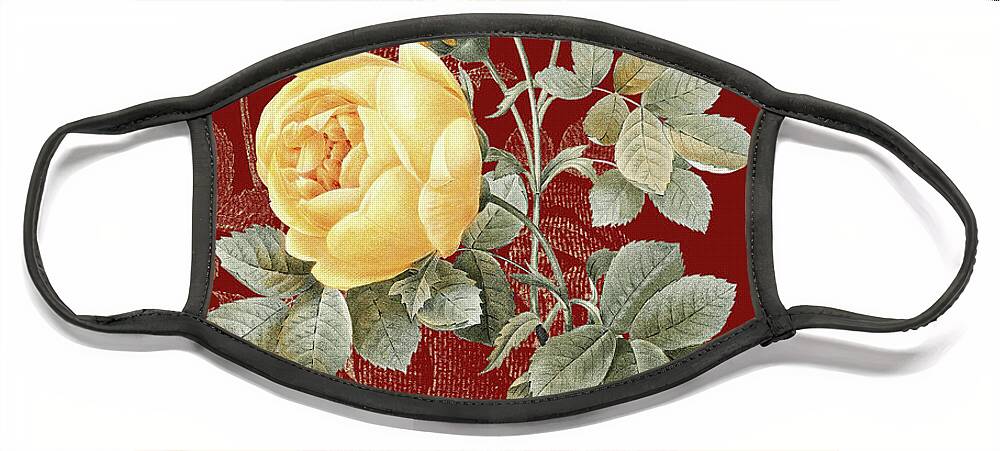 Vintage Face Mask featuring the mixed media Vintage Botanical Yellow Rose on Circle Red on Yellow by Holy Rock Design