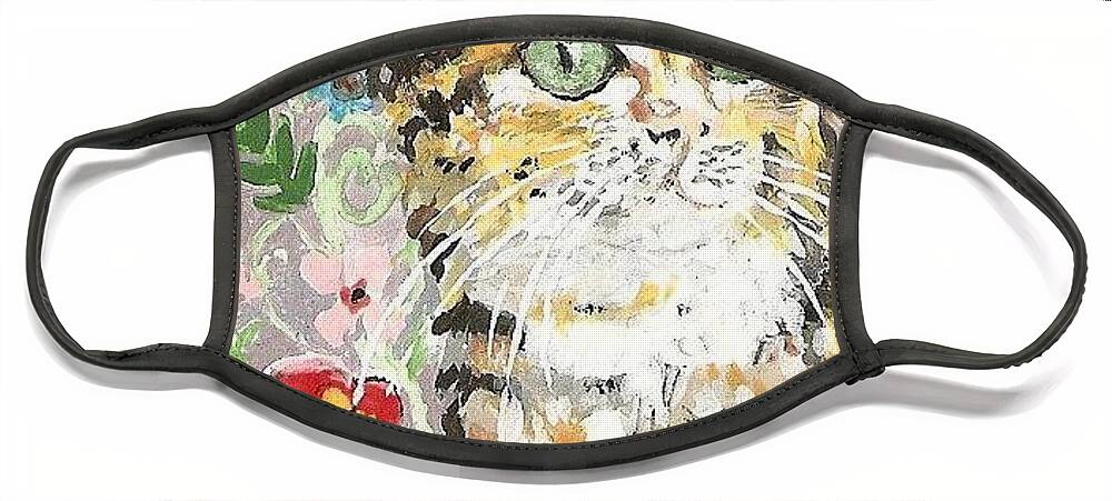 Cat's Artwork Face Mask featuring the painting Vintage Cat by Reina Resto