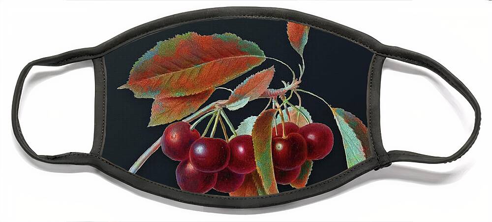 Vintage Face Mask featuring the mixed media Vintage Cherry Botanical Art on Dark Steel Gray n.0152 by Holy Rock Design