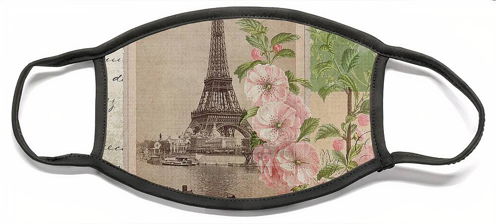 Vintage Face Mask featuring the painting Vintage Ephemera Eiffel Tower Paris France Blush Pink Hollyhock Flowers Script Typography by Audrey Jeanne Roberts