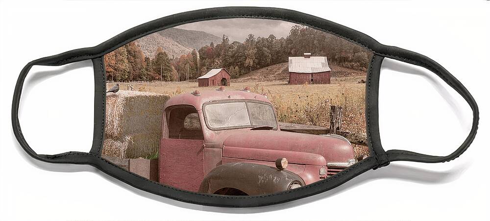 Truck Face Mask featuring the photograph Vintage Red Farmhouse Truck at the Farm by Debra and Dave Vanderlaan