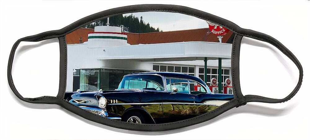 55 Face Mask featuring the photograph Vintage Flying A Station and 1957 Chevrolet by Doug Gist
