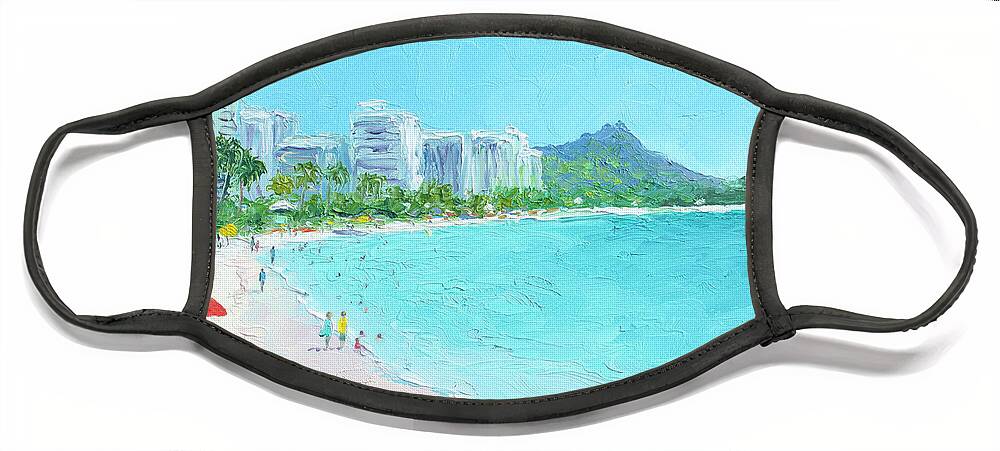 Beach Face Mask featuring the painting Waikiki beach Honolulu Hawaii, beach scene impression by Jan Matson