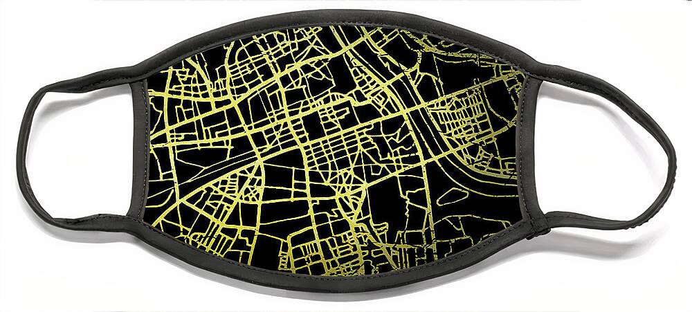 Map Face Mask featuring the digital art Warsaw Map in Gold and Black by Sambel Pedes