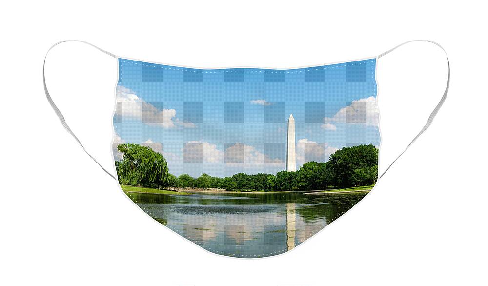 Washington Monument Face Mask featuring the photograph Washington Monument Reflected on a Spring Day by Liz Albro