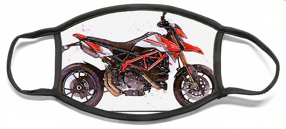 Motorcycle Face Mask featuring the painting Watercolor Ducati Hypermotard motorcycle - oryginal artwork by Vart. by Vart