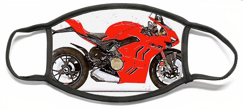 Sport Face Mask featuring the painting Watercolor Ducati Panigale V4S 2022 motorcycle - oryginal artwork by Vart. by Vart Studio