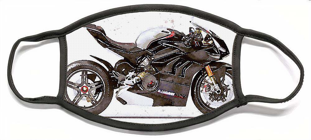 Sport Face Mask featuring the painting Watercolor Ducati Panigale V4SP 2022 motorcycle, oryginal artwork b by Vart Studio