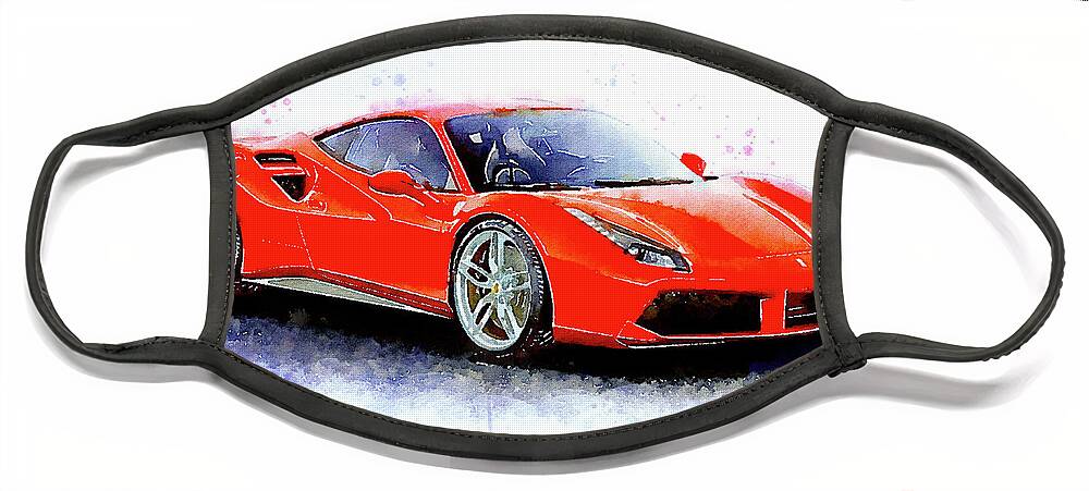 Watercolor Face Mask featuring the painting Watercolor Ferrari 488 GTB - oryginal artwork by Vart by Vart