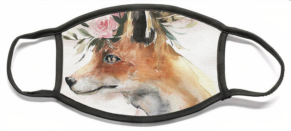 Watercolor Fox Face Mask featuring the painting Watercolor Fox With Flowers And Gold by Garden Of Delights
