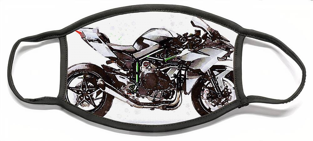 Sport Face Mask featuring the painting Watercolor Kawasaki Ninja H2R motorcycle - orygin by Vart Studio