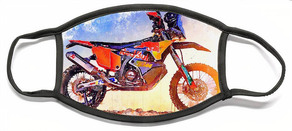 Adventure Face Mask featuring the painting Watercolor KTM 450 Rally Dakar motorcycle - oryginal artwork by Vart. by Vart Studio