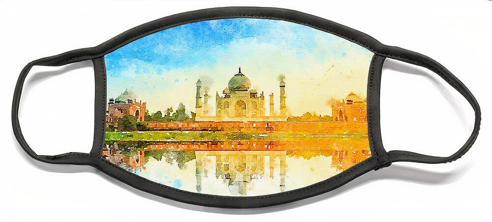 Watercolor Face Mask featuring the painting Watercolor Tajmahal, India by Vart by Vart Studio