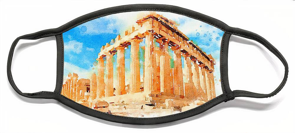 Vart Face Mask featuring the painting Watercolor. The Parthenon, Greece by Vart by Vart