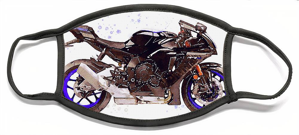 Sport Face Mask featuring the painting Watercolor Yamaha R1M motorcycle - oryginal artwork by Vart. by Vart Studio