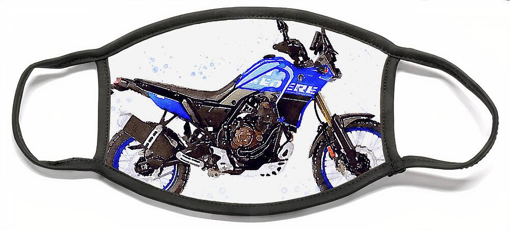Adventure Face Mask featuring the painting Watercolor Yamaha Tenere 700 blue motorcycle - oryginal artwork by Vart. by Vart Studio