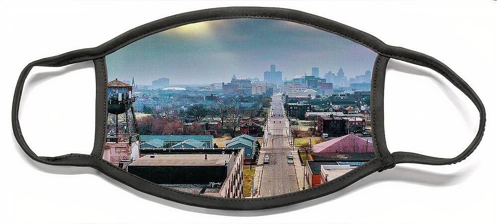 Detroit Face Mask featuring the photograph Watertower Skyline V2 DJI_0690 by Michael Thomas