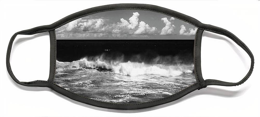 Panorama Face Mask featuring the photograph Waves crashing in black and white by Sonny Ryse