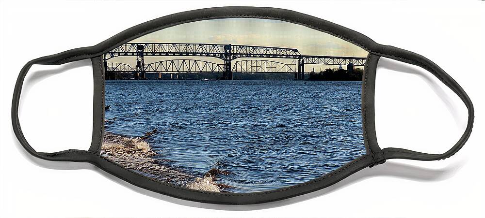 River Face Mask featuring the photograph Waves Lapping the Shore of the Delaware River Near Betsy Ross and Delair Memorial Railroad Bridges by Linda Stern