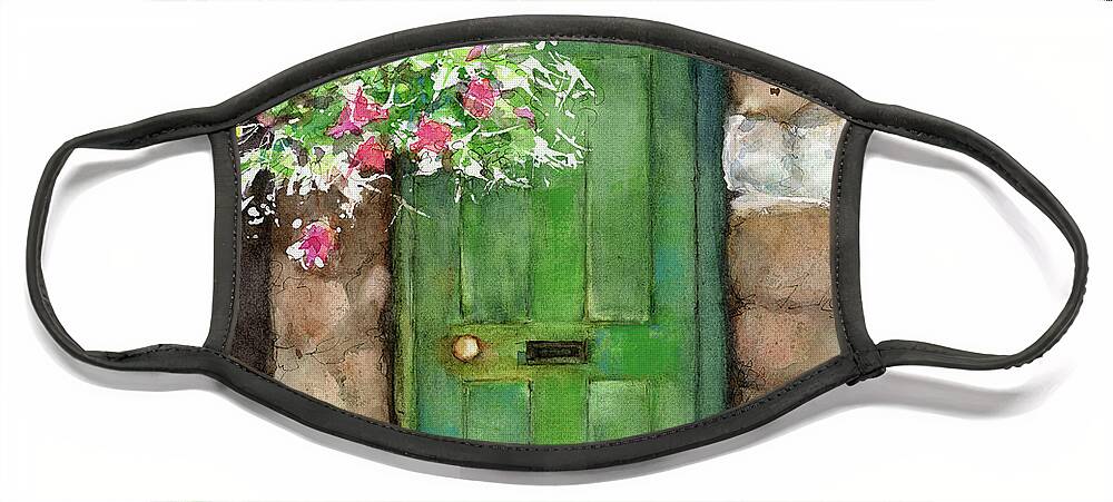 Painting Weathered Door Face Mask featuring the painting Weathered door and flowers by Rebecca Matthews