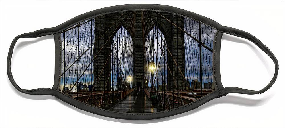 Streetlights Face Mask featuring the photograph Wet Day On The Brooklyn Bridge by Chris Lord