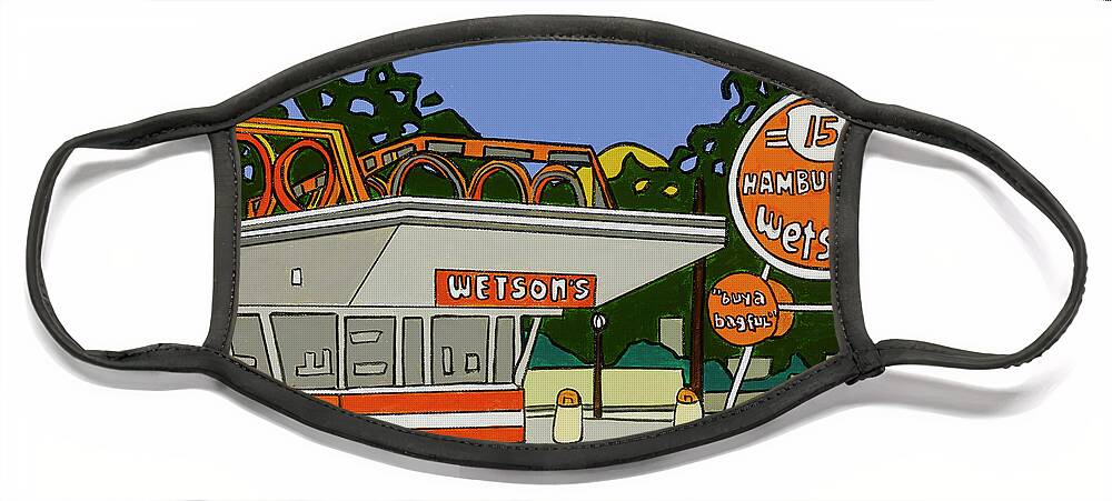 Wetson's Hamburgers French Fries Hamburger Chain Face Mask featuring the painting Wetson's by Mike Stanko