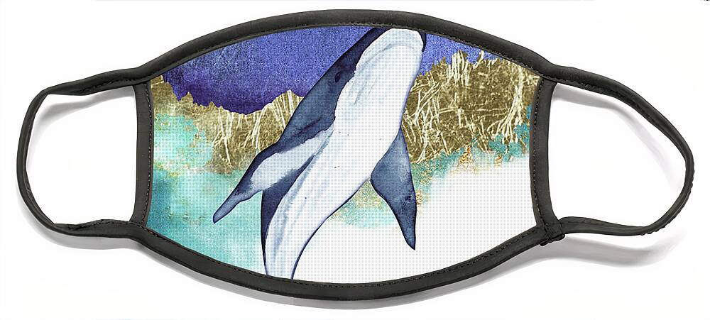 Blue Whale Face Mask featuring the painting Whale And Moon by Garden Of Delights
