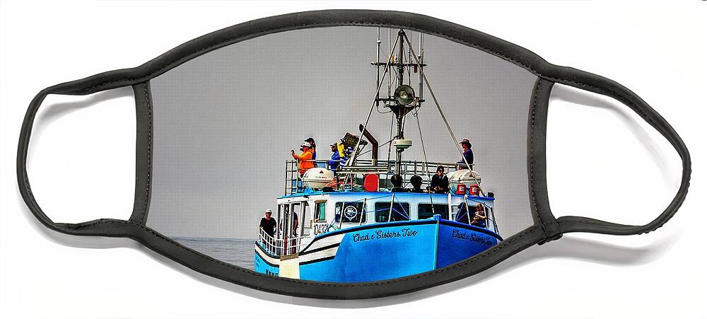 Whale Watching Long Island Nova Scotia Freeport Whales Boats Sea Blue Face Mask featuring the photograph Whale Watching by David Matthews