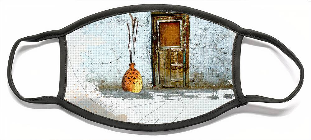 Old Face Mask featuring the mixed media What Lies Behind this Locked Door? by Moira Law
