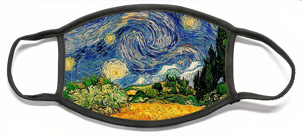 Wheat Field With Cypresses Face Mask featuring the digital art Wheat Field with Cypresses under a Starry Night - warm colors digital recreation by Nicko Prints