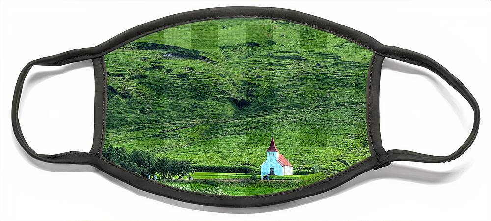Iceland Face Mask featuring the photograph White church in the mountains, Iceland by Delphimages Photo Creations