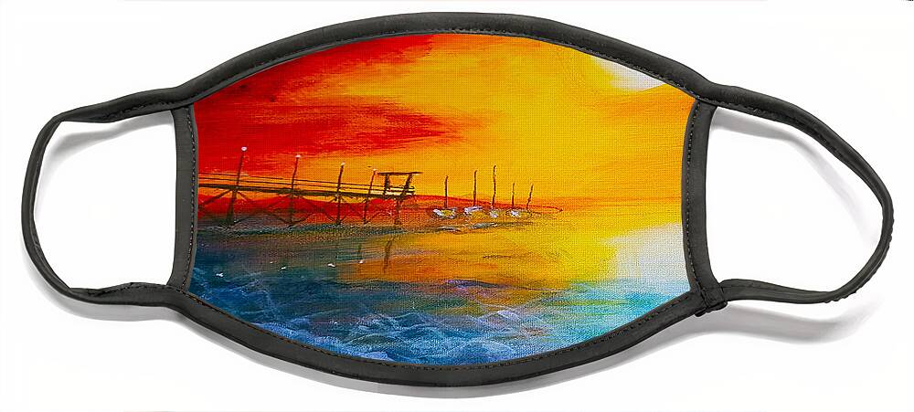 Sunset Face Mask featuring the painting White Rock Pier by Rose Lewis