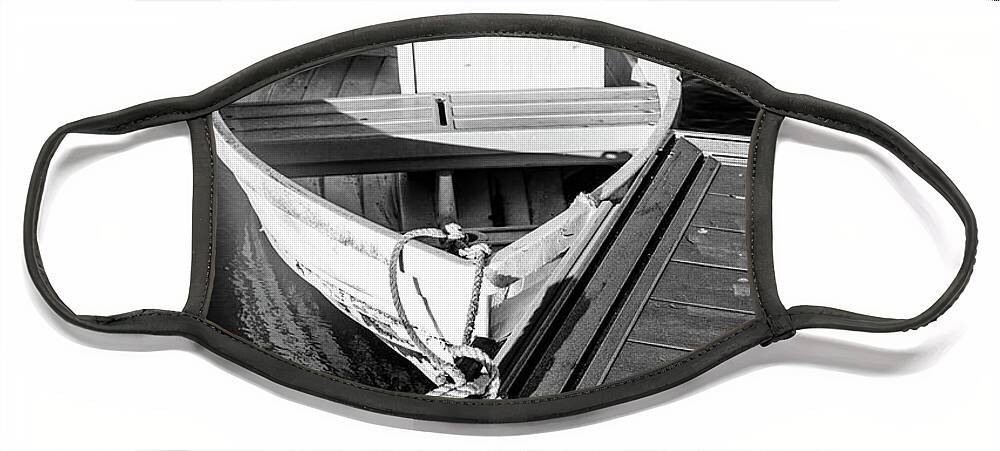 Boats Face Mask featuring the photograph White Rowboat at the Docks in Black and White by Debra and Dave Vanderlaan