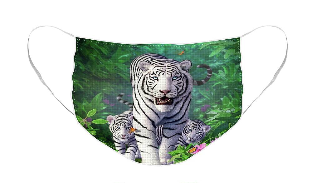 White Tigers Face Mask featuring the digital art White Tigers by Jerry LoFaro