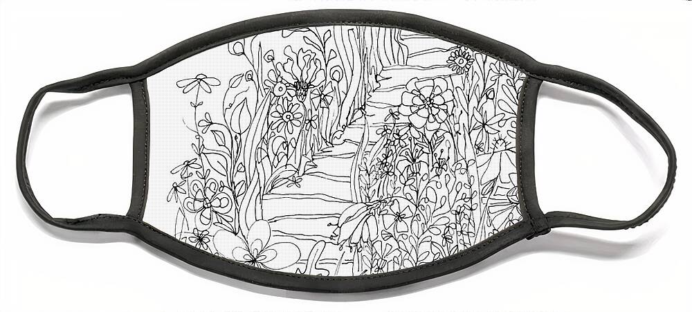 Wildflowers Stairs. Ink Drawing Art Face Mask featuring the drawing Wildflowers Stairs - Ink Drawing Art by Patricia Awapara