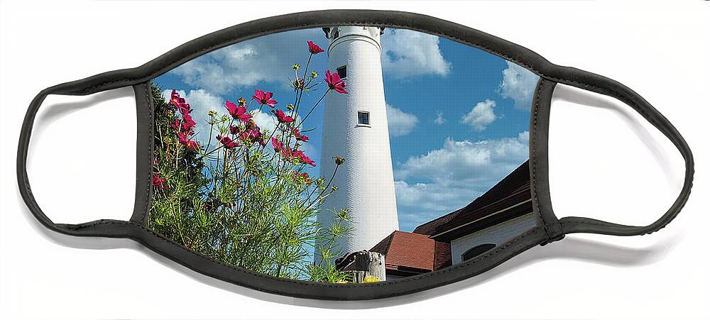 Wind Point Lighthouse Face Mask featuring the photograph Wind Point Lighthouse Gardens III by Scott Olsen