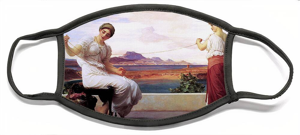 Winding The Skein Face Mask featuring the painting Winding The Skein by Frederic Leighton by Rolando Burbon