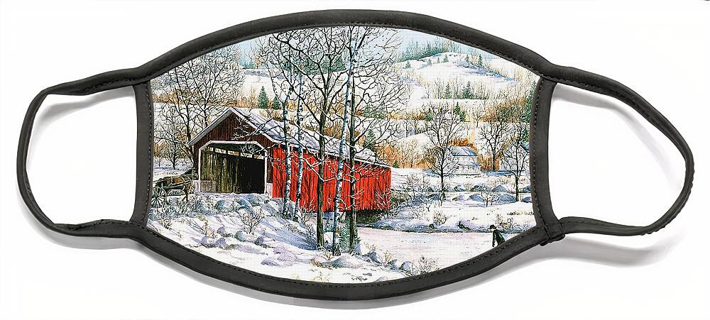 Covered Bridge Face Mask featuring the painting Winter Crossing by Diane Phalen